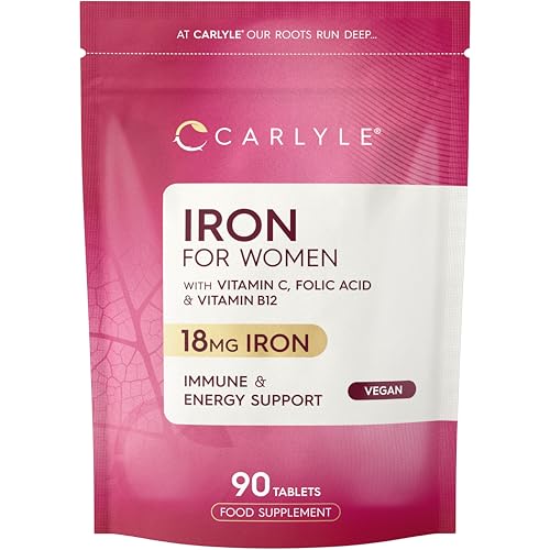 Iron Tablets 18mg | High Strength for Women | with Vitamin B12, Vitamin C and Folic Acid | 100% NRV Iron Complex | 90 Vegan Tablets | by Carlyle