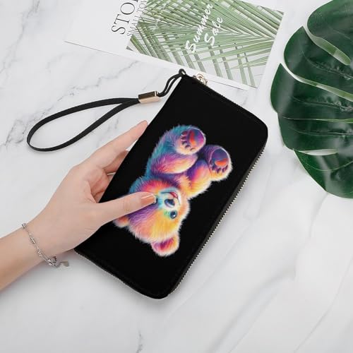 Furry Bear Glow Art Women's Leather Clutch Wallet with Zip Card Holder Hand Strap Large Capacity4