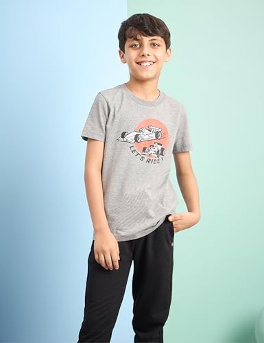 Image of Amazon Brand - Jam & Honey Boys 100% Cotton Solid Print Mid Rise Track Pants (Joggers) and t-Shirt, Grey Melange + Black, 11-12 Years