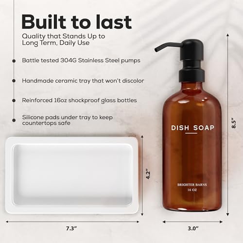 Amber Glass Hand and Dish Soap Dispenser Set by Brighter Barns - Kitchen Soap Dispenser Set with Tray for Kitchen, Airbnb, Vacation Rental or Restaurant - Modern Kitchen Decor & Accessories (Amber)