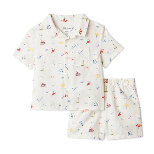Amazon Essentials Unisex Babies x Sofia Grainge Baby Boy and Toddler Cotton Linen Shirt + Short Set Ivory Beach 12 Months