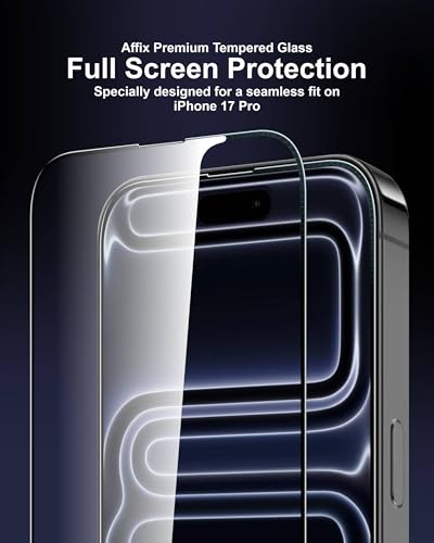 Image of Affix 2 Pack for iPhone 17 Pro Full Coverage Tempered Glass, Screen Protector Guard with Easy Fix Installation Tool, 9H Hardness Shatterproof, HD Clear Scratch Resistant
