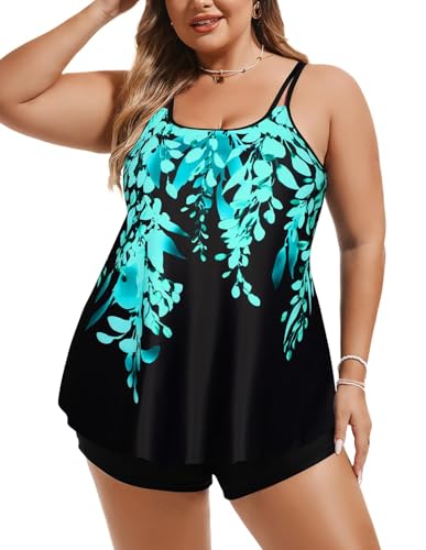 Hanna Nikole Damen Bauchweg Bademode Große Größe Tankini mit Hohe Taille Badeshorts Grüne Weidenblätter 58 2