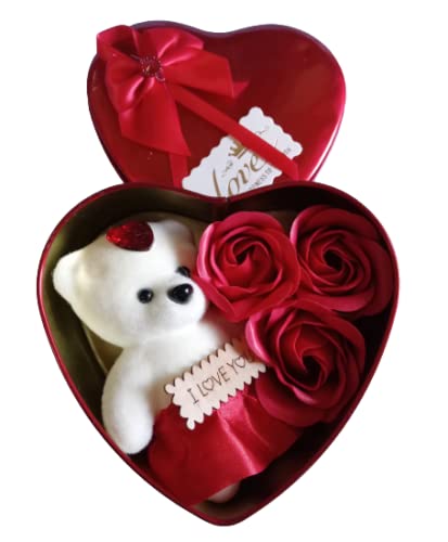 Craftastic Heart Shape Metallic box with cute Teddy and Roses for Valentine Day gift.