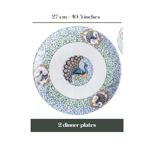 Image of GOLDEN QUEEN'S Handcrafted Dinner Plates: Set of 2 | Perfect for Hosting and Daily Meals | Microwave Safe Plates | 10.5 inch | Serves 2 (Indian Peafowl Dinner Plates)