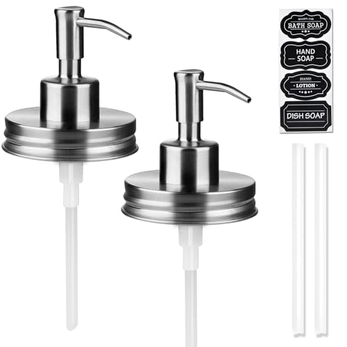 Image of Amolliar Mason Jar Liquid Soap Dispenser Pump, Rust Proof Stainless Steel Lid, Refill Liquid Soap Pump for Kitchen, Bathroom, Cute Farmhouse Decor for Hand Soap, Dish Soap, Lotion Soap, Silver 2 Pack