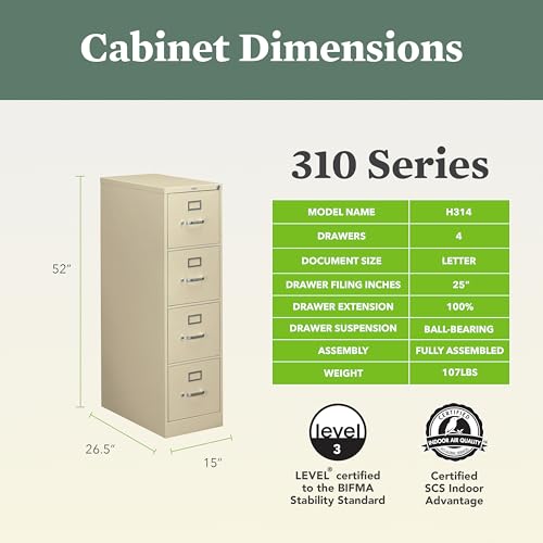 Image of HON 4 Drawer Vertical File Cabinet with Lock, Metal Filing Cabinets with 4 Drawers for Hanging Files and Letter Files, 26.5 inch Deep, Putty