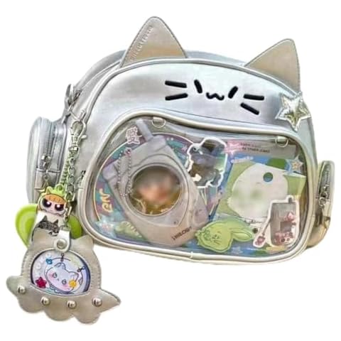 Cat Ita Bag Pin Display Backpack for School PU Leather Preppy Backpack for Girls Y2k Aesthetic Single Shoulder Bag (Silver) Cover