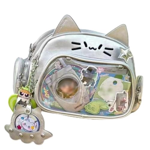 Cat Ita - Mochila de piel sintética para la escuela, mochila preparada para niñas, bolsa de hombro estética Y2k, plateado, M, Kawaii