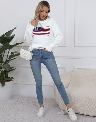 Image of Women's American Flag Sweater Long Sleeve Pullover Crew Neck Knit Tops
