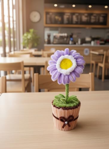 Image of Handmade Artificial Flower Pot for Home Decor | Cute Fuzzy Wire Pipe Cleaner Flower Plant | Aesthetic Tabletop Decorative Pot for Home, Office & Gifting (Soft Bloom :- White - Purple)