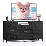 Furnulem 45” Long Dresser for Bedroom, TV Stand with Storage, 8 Drawer Fabric Dresser with Charging Station, Entertainment Center & Chest of Drawers for Bedroom, Living Room, Hallway, Wood Top, Black