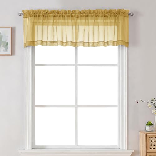 Image of Chyhomenyc Sheer Valances for Windows 2 Pack, Small Window Curtains for Living Room Bathroom, Modern Top Dual Rod Pocket Voile Basement Curtains, 42W x 14L inches, Gold