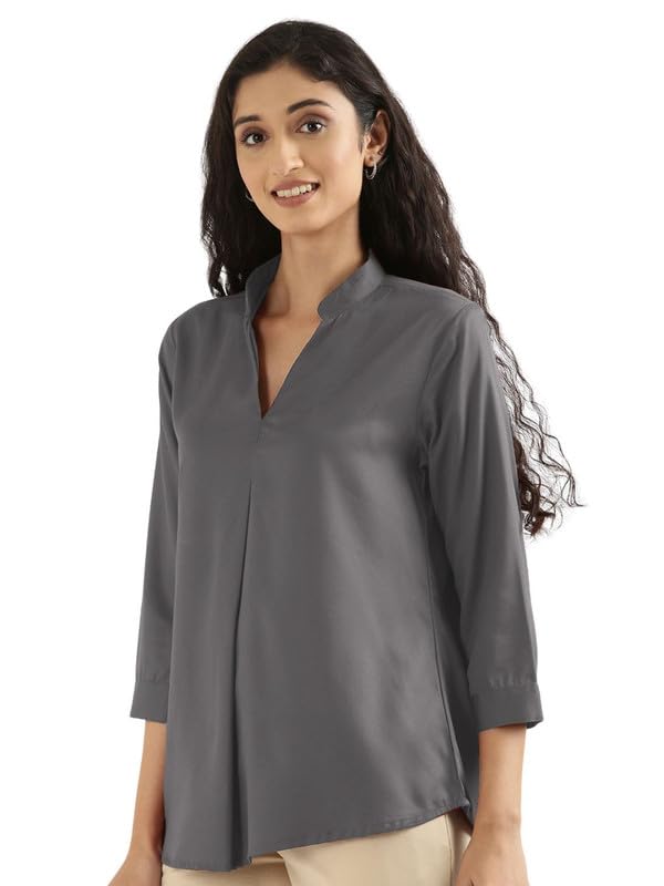 Image of SAADAA Top for Women, Viscose Pleated Tops, V-Neck with a Collar, 3 /4 Sleeve Length, Office & Casual Wear