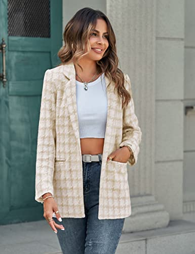 Merokeety Women's Long Sleeve Lapel Collar Woolen Blazer Coat Houndstooth Plaid Jacket With Pockets, Khaki, L #TOP5