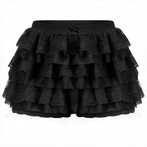 ROLOSI Women Ruffle Shorts Lace Multi-Layered Bloomers Lolita Bloomers Cute Pumpkin Pants Sexy Boyshorts Mini Shorts Pettipants Black