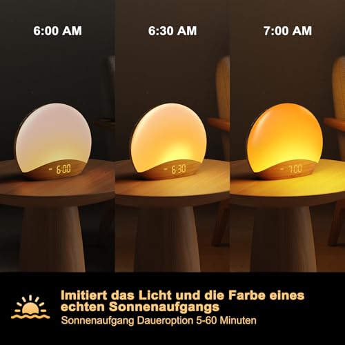 REACHER Holzmaserung Sunrise Licht Wecker Nachtlicht und Sound Maschine, Digital dimmbare Uhr für Schlafzimmer, 26 Schlaf Sounds, Weiße Geräusch Maschine für Baby, Erwachsene, Lichtwecker für Kinder