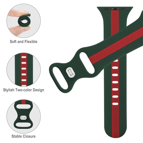 Image of Designer Sport Band Compatible with Apple Watch iWatch Bands 38mm 40mm 41mm 42mm 44mm 45mm 49mm Men Women, Soft Silicone Strap Wristbands for Apple Watch Series 11 /10 /9 /8 /7 /6 /5 /4 /3 /2 /1 /se /Ultra (A-Green Red, 44 /45 /46 /49 /42mm(Series 3 2 1))