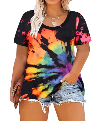 Image of CARCOS Plus Size Tops for Women Short Sleeve Shirt Summer Star /Leopard /Tie Dye /Flower Crewneck Pullover Tunic XL-5XL