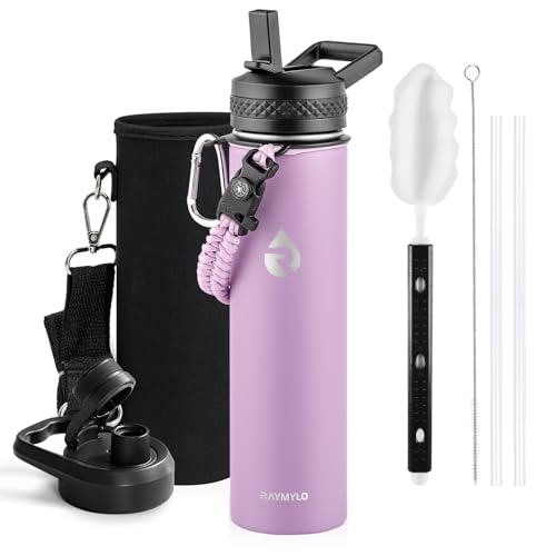Image of RAYMYLO Insulated Water Bottle 24 oz, Triple Wall Vacuum Stainless Steel (Cold for 24Hrs, Hot for 12Hrs), Leak Proof & Non-BPA, Modern Water Flask Jug with Paracord Handle & Straw Spout Lids