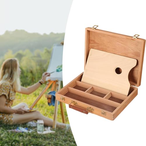 Tachiuwa Artist Supply Box Wood Portable with Palette Drawing Art Supplies Organizer Art Storage Box for Pastel Paint Brushes Markers, 32cmx24cmx7.5cm