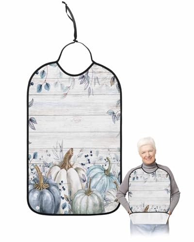 LEOKOTI Blue White Pumpkins Fall Adult Bibs for Eating, Waterproof Bibs with Food Catcher & Adjustable Snap Closure, Vintage Maple Leaf Thanksgiving Washable Clothing Protectors Adult Bibs for Elderly