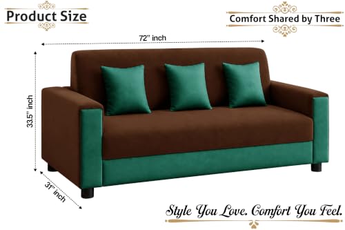 Image of Modern 3 Seater Sofa | Contemporary Upholstered Couch | Premium Cushioned Seating | Stylish Armrest Design | Comfortable Sofa for Living Room, Bedroom & Office - Brown + Green Color
