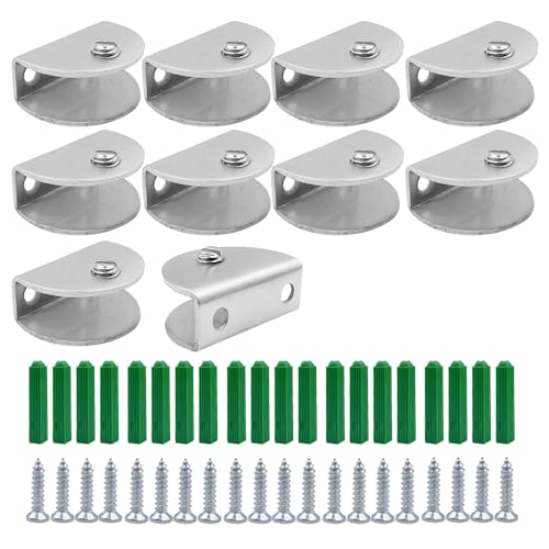 WYAN 10 Pcs Adjustable Semicircular Glass Shelf Brackets,Wall Mounted Glass Clamp Shelf Supports,304 Stainless Steel,Adaptive 6-9MM Thickness Glasses(with Screws)