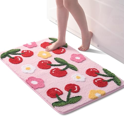Anybar Alfombra de baño rosa con bonitos accesorios de baño de cereza, alfombra antideslizante con flores divertidas, lavable a máquina, alfombra de microfibra suave para ducha, bañera (24 x 36