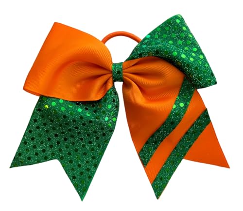 New "CONFETTI STRIPES Green Orange" Cheer Bow Pony Tail 7 Inch Girls Hair Bows Cheerleading Dance Practice Football Games Competition Birthday Tick Tock Grosgrain Ribbon image 2