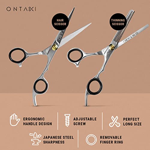 Ontaki Hair Cutting Scissors Thinning Shears Kit - 7” Overall Length Professional Hair Scissors Set - Japanese Steel Hair Shears With 1 Comb & Pouch - Razor Edge Barber Scissors For Men & Women Silver #TOP1