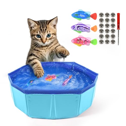 Cat Pool with Fish, LED Automatic Robotic fish Cat Pool Toy, 3 Self-Swimming Sensor Fish with Flashing Lights, Leak-Proof Kitten Water Play Mat for Indoor Cats, Fun Bath & Exercise Toy, 12” Pool