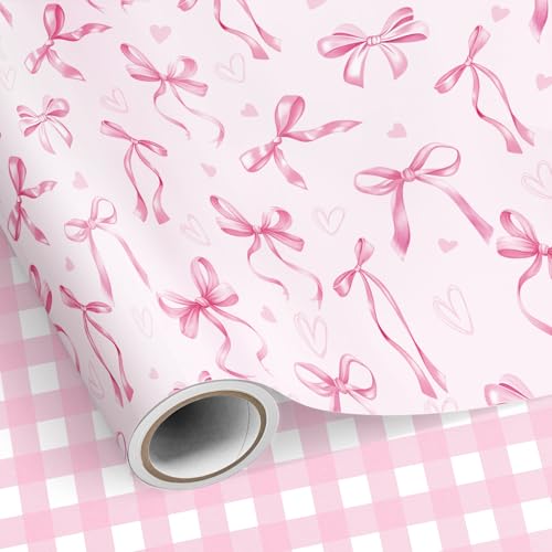 SHUCHING Papel de Regalo Lazo Rosa - 43cm x 10m, Rollo Papel Regalo Cuadros Rosa para Niña Mujeres Cumpleaños, Boda, San Valentín, Bridal Shower, Fiesta