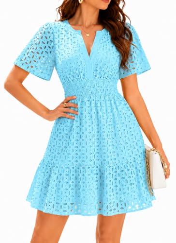 Image of INR Dress for Women Elastic Waist Hollow Out Embroidered A Line Casual Fashion Skirt Beach and Prom Cocktail Party Dresses