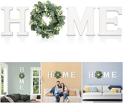 Wood Home Sign for Wall Decor Wooden Home Letters with Wreath Artificial Eucalyptus Modern Decorative Hanging Home Letters Decor Farmhouse Home Sign for Living Room Kitchen Christmas Housewarming Gift