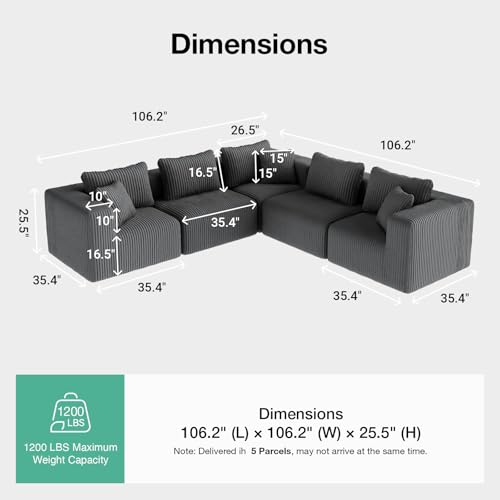 Image of Novilla 106 inch Modular Sectional Sofa, V Shape Sectional Couch, Modern Cloud Design with Smarts Coil Support, Boneless Couch for Large Living Room Apartment, No Assembly Required, Dark Gray