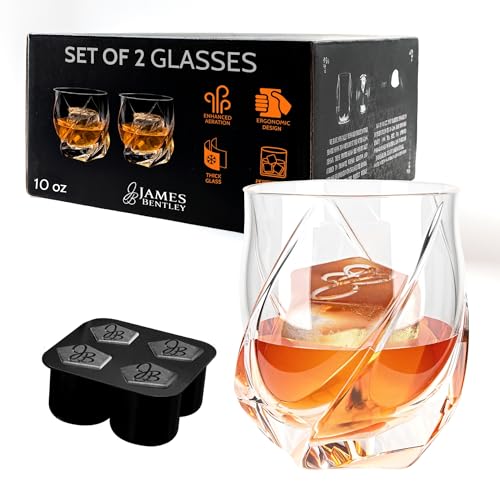 JAMES BENTLEY VRIDE Whiskey Heavy Tumbler Glasses – Hand Blown Crystal Whiskey Glasses, Enhances Aroma and Flavor, Premium Quality for Bourbon & Old Fashioned Tasting— Set of 2 with 4 Ice Cube Molds