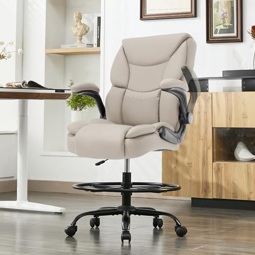 Image of 500LBS Drafting Chair, High Back Safer Standing Desk Chair, Executive Tall Office Chair with Flip-up Armrests, Upholstered PU Leather Task Chair, Ergonomic Seat with Adjustable Height&Foot Ring,Beige
