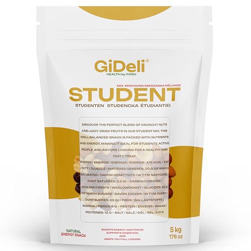 GiDeli Comida para estudiantes de 5 kg de mezcla de frutas con cacahuetes, anacardos, avellanas, almendras, nueces, pasas, arándanos y chips de plátano, sin aditivos