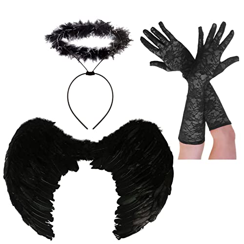 labreeze Real Feather Wings Angel Halo Black Long Lace Gloves Scary Angel Halloween Fancy Dress (Medium)