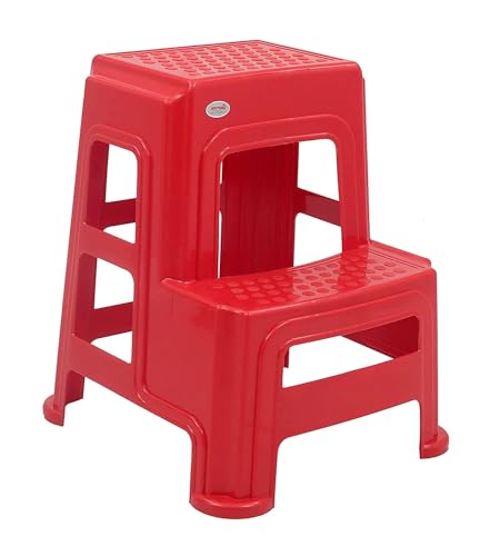 Image of SKYGLAMOUR Supreme Plastic Multi-Purpose Step Stool for Kitchen and Office Use with Weight Bearing Capacity of 150 Kg | 2 Step Stool for Home |Color: Red; Set of 1