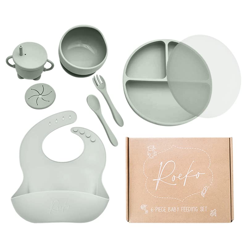 Image of Roeko Baby Led Weaning Supplies - 6-Piece Baby Feeding Set with Lid - Suction Plates for Baby - Sippy Cup with Straw - Silicone Bibs for Babies - 6 Month Old Baby Essentials - Baby Products