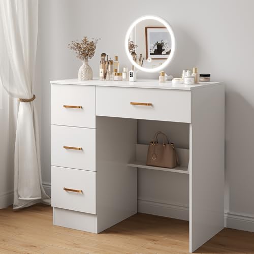 BEHOMHAZQ Dressing Table Makeup Desk with 4 Drawers, Wooden White Bedroom Dressing Table Computer Desk, Home Office Desk with Drawer 80 x40 cm, Wooden Study Table with Storage