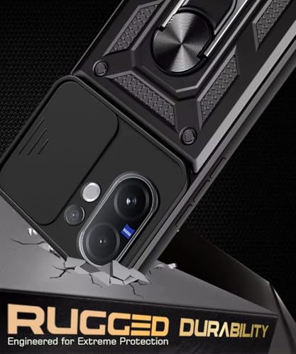 Image of WOW IMAGINE Tough Armor Bumper Mobile Back Case for Vivo V60 5G | V60e 5G | Vivo T4 Pro 5G | Sliding Camera Cover | Shock Proof 360 Protection | Hybrid PC + TPU | Ring Holder with Kickstand - Black