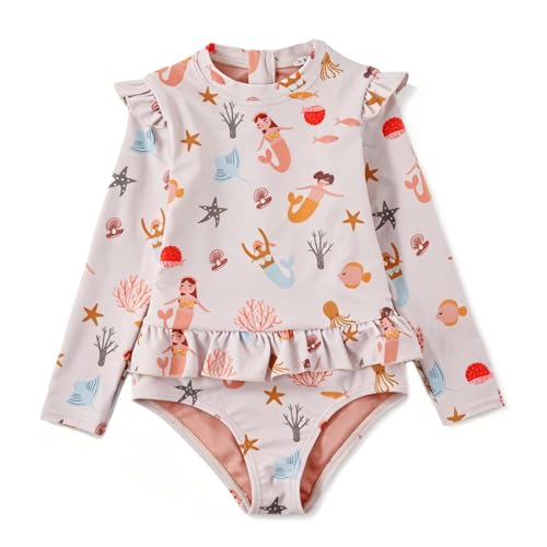 Image of Girls One Piece Swimsuits Zipper Rash Guard Long Sleeve Bathing Suit with Ruffle Hem UPF50+