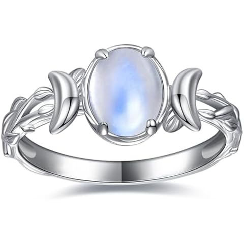 JIARUI Moon Rings for Women Oval Moonstone Inlay 925 Sterling Silver Triple Moon Phase Rings Western Boho Gemstone Ring Jewelry Gift for Women Fit Size 6 Cover