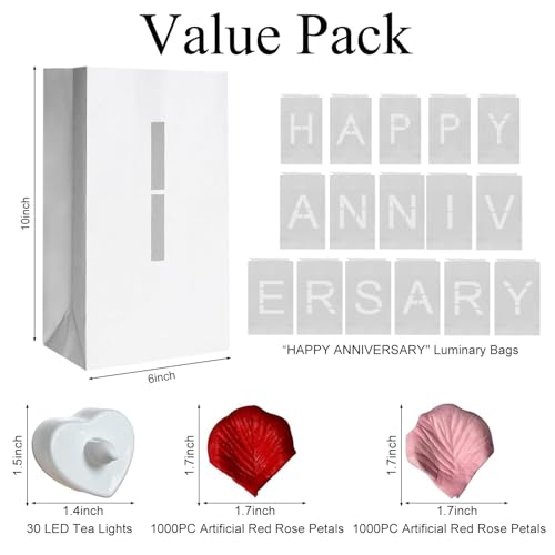 Image of Happy Anniversary Decoration, Light Up Letters Luminaries Signs with Flameless Candles and Fake Rose Petals, Anniversary Romantic Party Decor