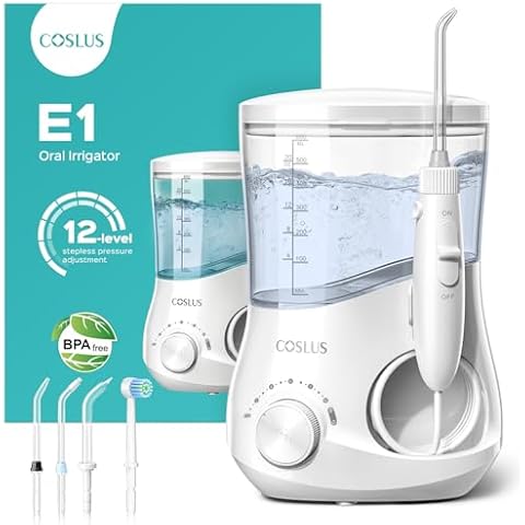 COSLUS Electric Water Flosser for Teeth: Professional Dental Pick for Orthodontic, Sensitive Gums, Braces - 12 Pressure Settings & ​​5 Multi-Functional Tips for Multiple Users, Home Use, White Cover