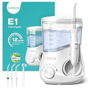 COSLUS Electric Water Flosser for Teeth: Professional Dental Pick for Orthodontic, Sensitive Gums, Braces – 12 Pressure Settings & ​​5 Multi-Functional Tips for Multiple Users, Home Use, White