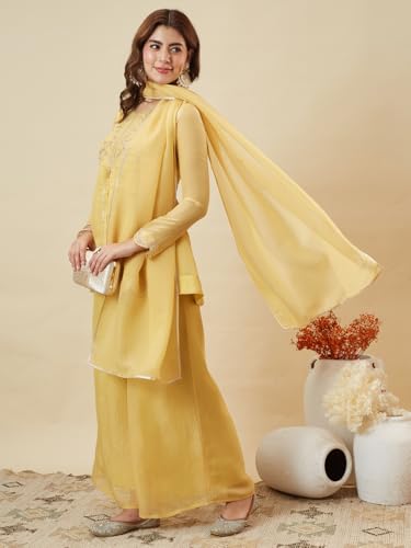Image of MOKOSH Women's Silk Embroidered Peplum Kurta Sharara with Dupatta | Kurta Set | Ethnic Wear |Round Neck Full Sleeve Kurta | 3 Piece Outfit |Embroidered